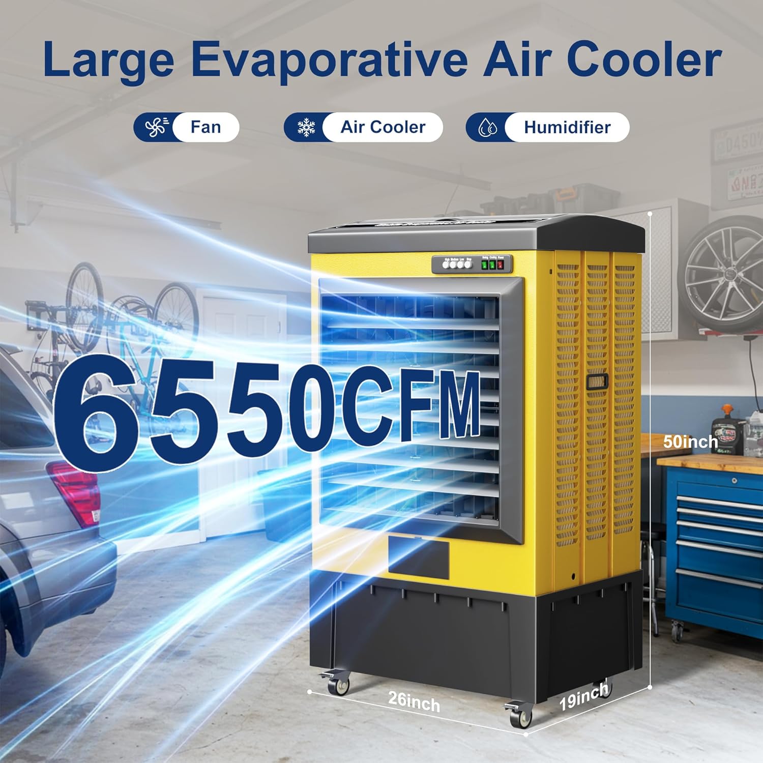 Swamp Cooler, 6550CFM Evaporative Air Coolers with 19.5 Gal Tank, Windowless Air Conditioner 3 Speeds for Outdoor Use, 49 Inch Air Cooler Water Fan for Patio, Garage, Shop, Commercial Yellow