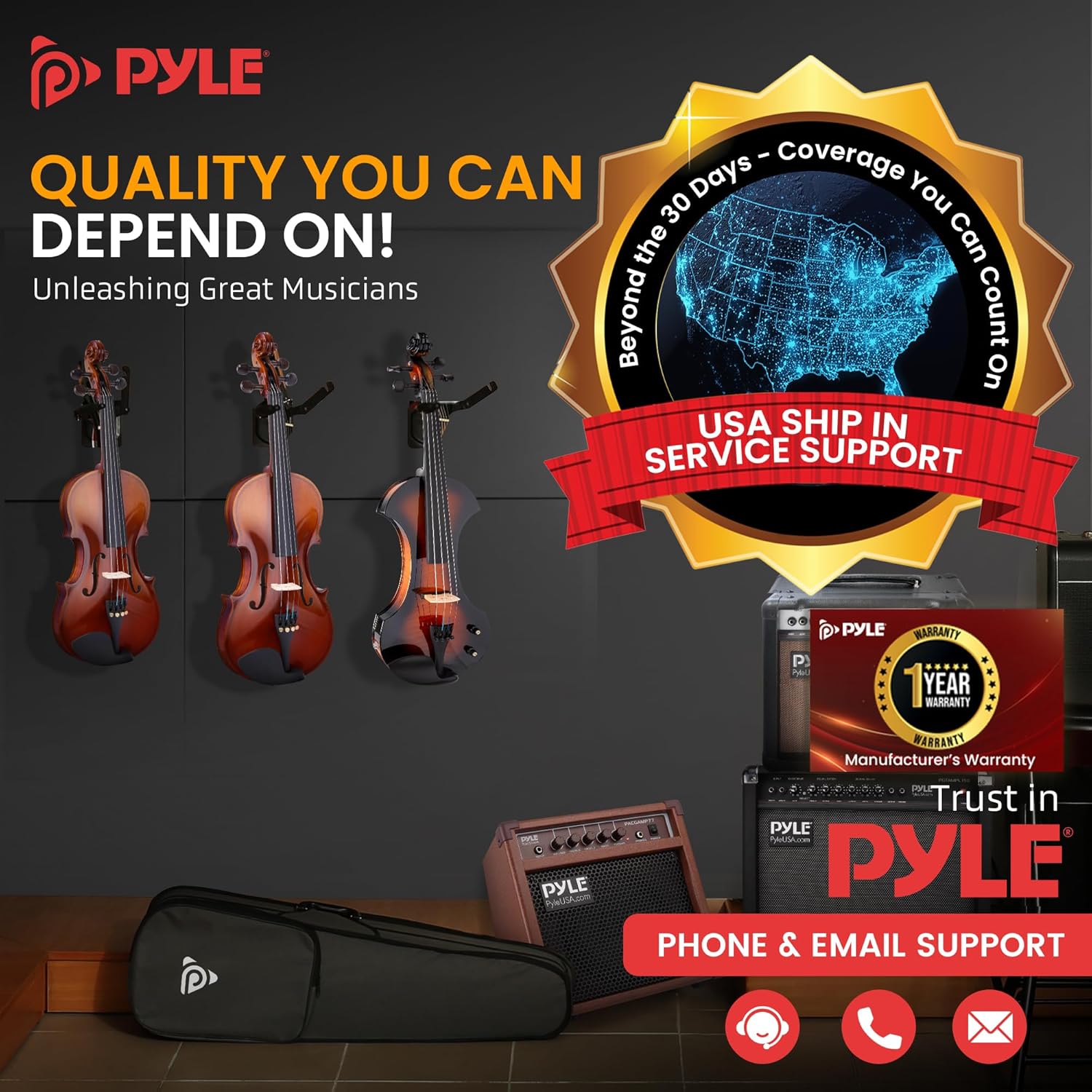 Pyle 4/4 Silent Electric Violin with Amplifier Kit, Solid Wood Fiddle with 10W Amp and Complete Accessories, Full Size Orchestral String Instrument For Beginner & Professional Use