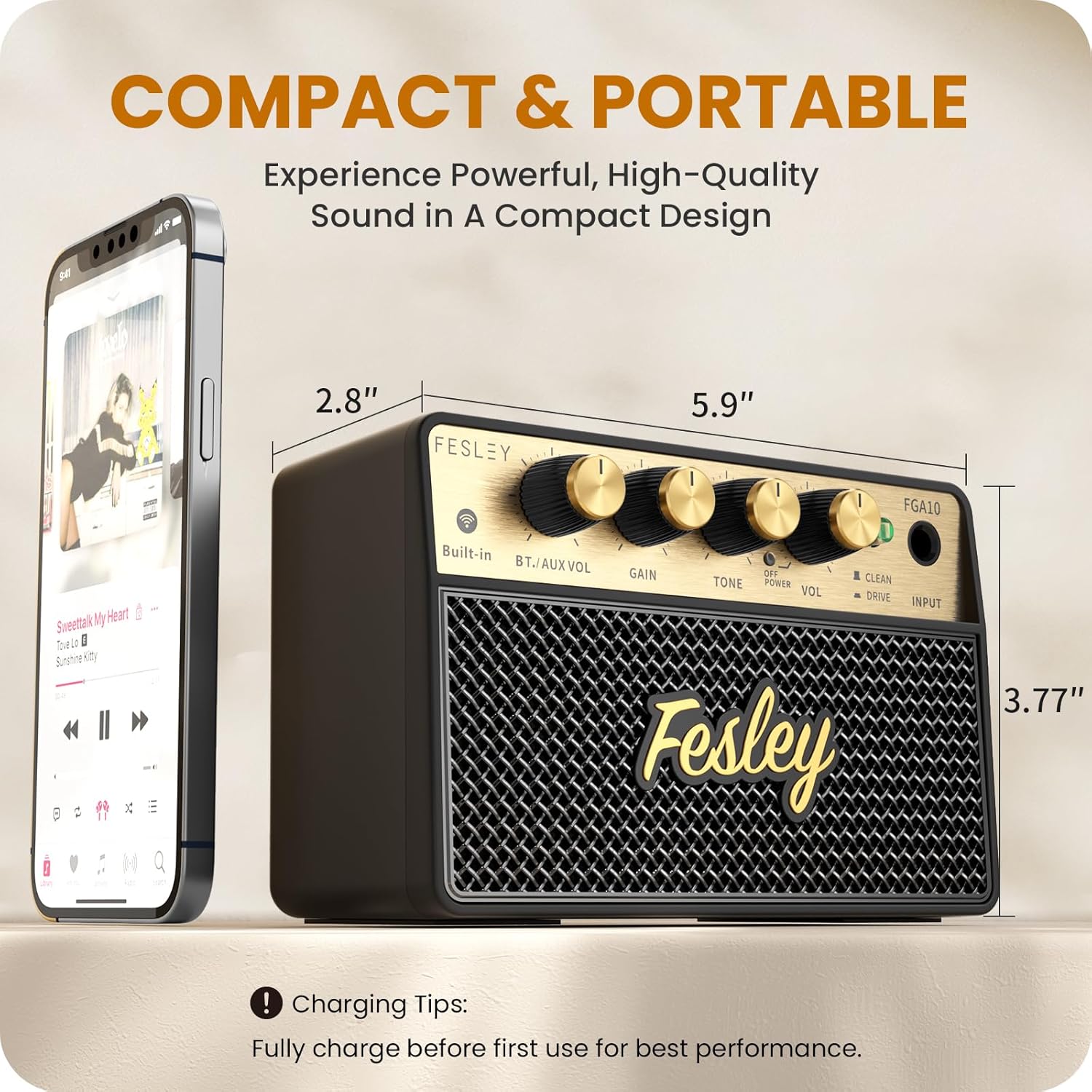 Fesley LP Electric Guitar with Arched Top Gold+Fesley Mini Guitar Amp 10W Portable Recharged Guitar Amplifier