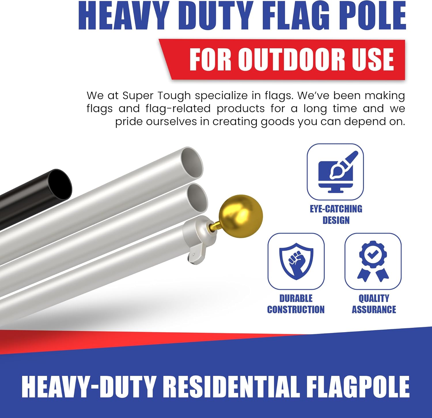 Super Tough USA-Made 20ft Heavy Duty Flag Pole for Outside House - Satin Finish - Residential In-Ground Flagpole - 3-Section High-Grade Aluminum - Includes All Accessories