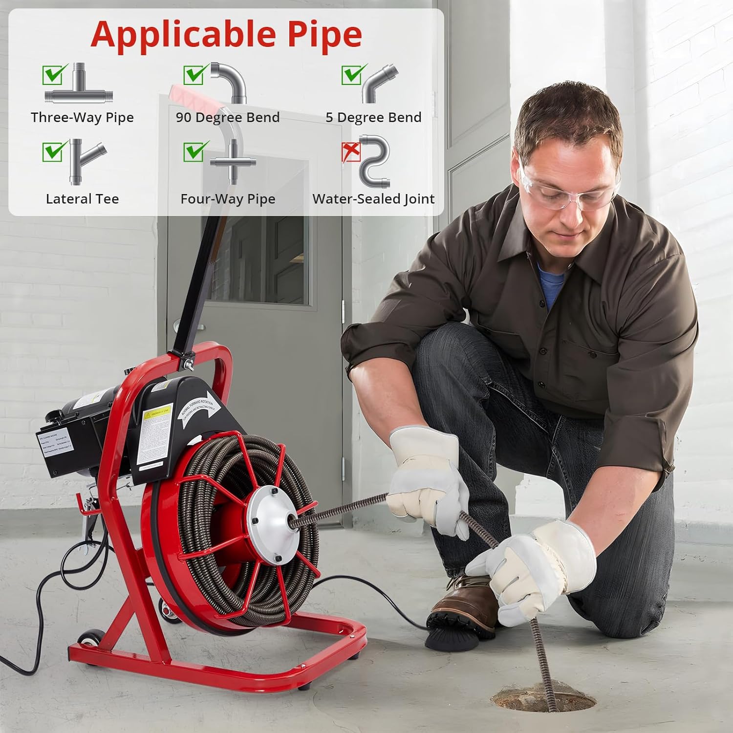 Electric Drain Auger 50FT 3/8Inch, Heavy-Duty Drain Cleaning Machine with Stainless Steel Drum and Foot Pedal Control