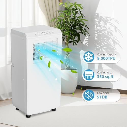 Portable Air Conditioner, 8000BTU Portable Air Conditioners for Room Cooling Up to 350 Sq. Ft, 3-in-1 Remote Control AC with 24-Hour Timer and Window Kit, for Home, Office, Bedroom, White