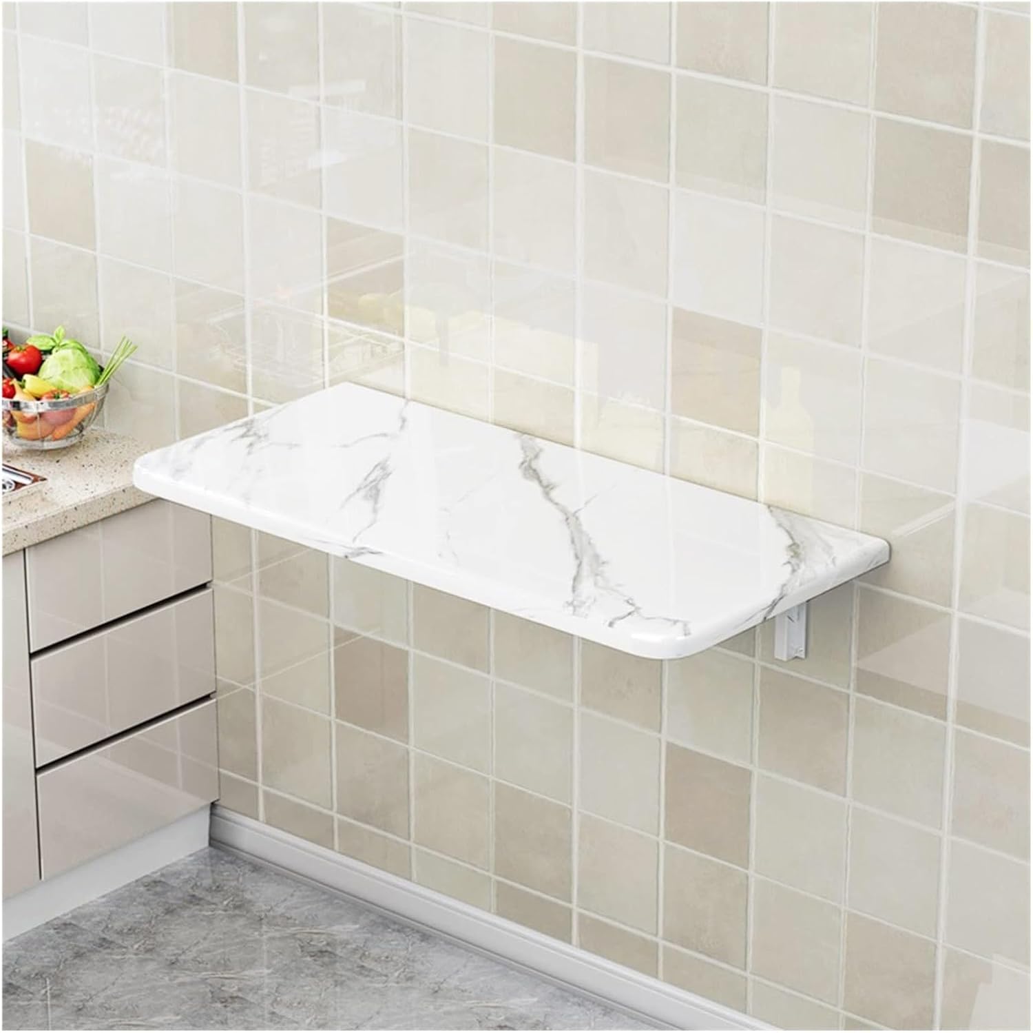 Wall-Mounted Foldable Laundry Table | Floating Folding Desk for Kitchen & Sewing Station | Stylish White Stone Pattern (80x20cm) | Space-Saving Handicraft Production