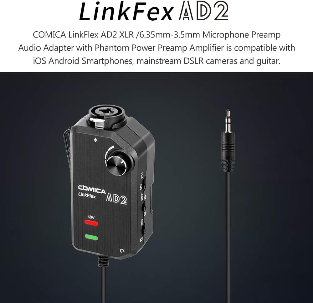 LinkFlex AD2 XLR /6.35mm-3.5mm Microphone Preamp Amplifier Audio Adapter Universal Replacement for Camera Smartphone Guitar Interface