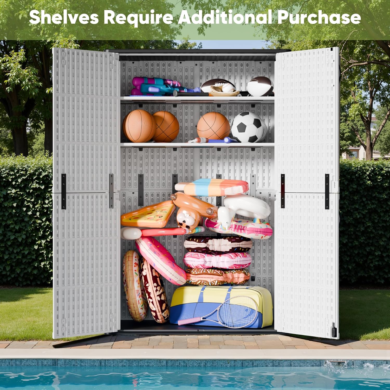 Devoko Outdoor Storage Cabinet 50 Cu Ft with Lockable Doors, Vertical Storage Shed Waterproof Patio Tools Storage Box for Sofa Cushions, Gardening Tools and Accessories (White)