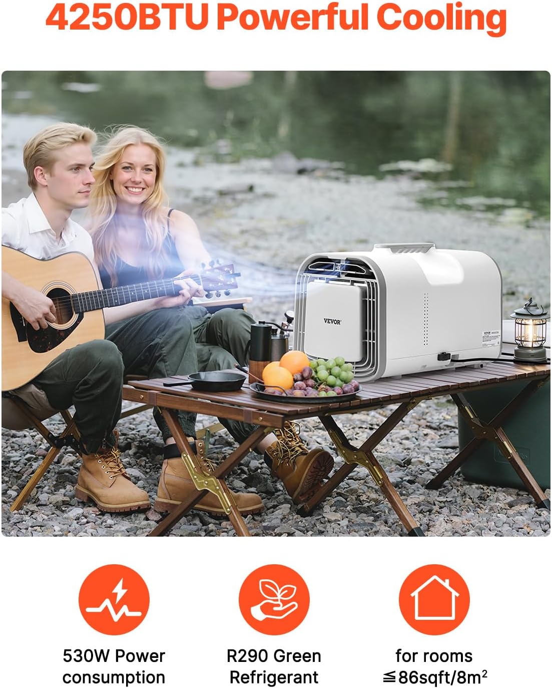 VEVOR Portable Air Conditioner, 4250 BTU 3-Speed Air Conditioning Unit with 24H Timer, Air Portable AC Compatible with AC/DC 24V, for Outdoor Tent Camping, RVs or Home Use, White