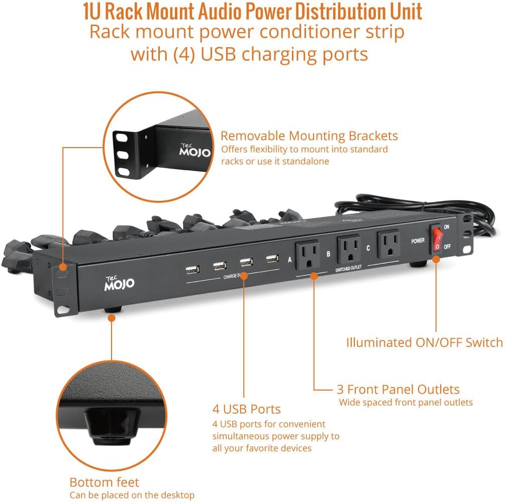 Tecmojo 1U Rack Mount 19 Outlet PDU Power Distribution Unit Power Strip Circuit Breaker fits 19-inch AV/Network/Server Cabinet/Closet/Enclosure