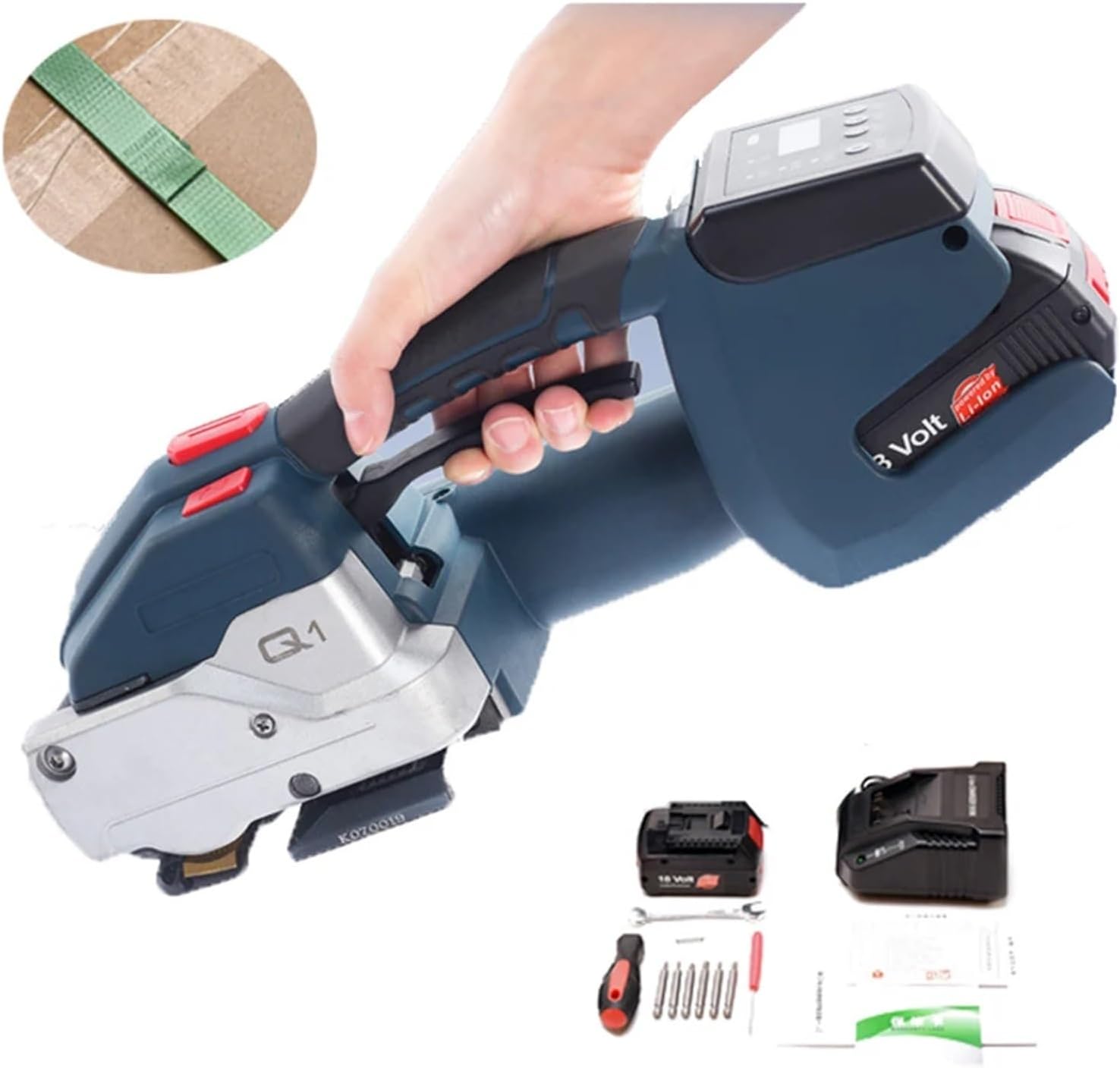 Q1 Full Automatic Electric Strapping Machine With 1 Battery Portable Digital Display Packing Tool For 10-16mm PET PP Belt with Efficiency(2 BATTERY)