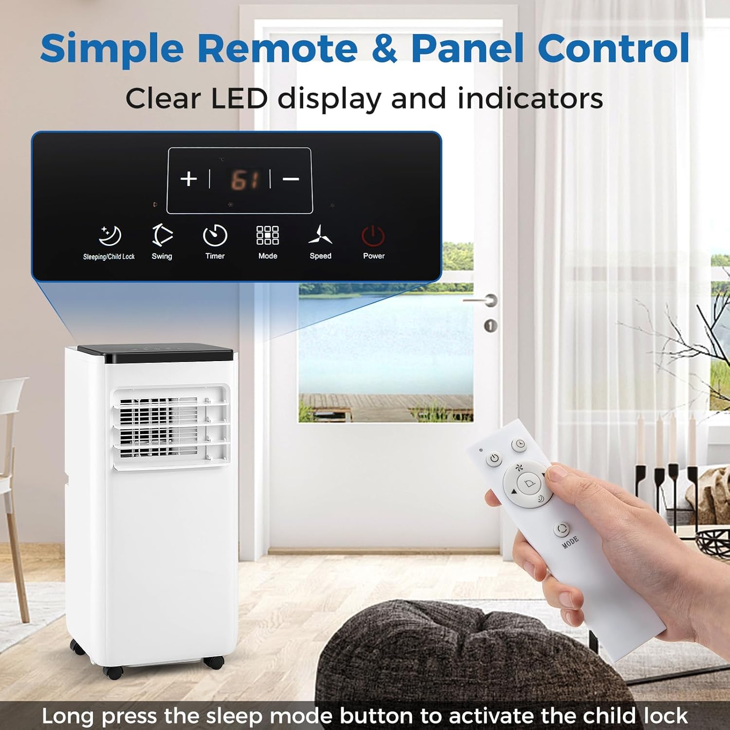 KOTEK Portable Air Conditioners, Cools up to 350 Sq.Ft, 4-in-1 AC Unit for Bedroom with Auto Mode, Dehumidifier, Child Lock & Installation Kit, Room Air Conditioner Portable for Home Office (10000BTU)