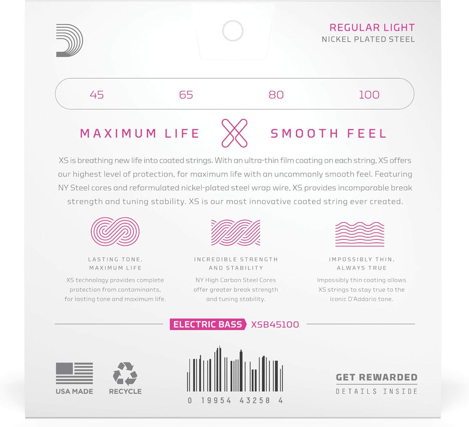 D'Addario Bass Guitar Strings, XS Coated Electric, XSB45100, Regular Light 45-100, 4-String Set, Pack of 1