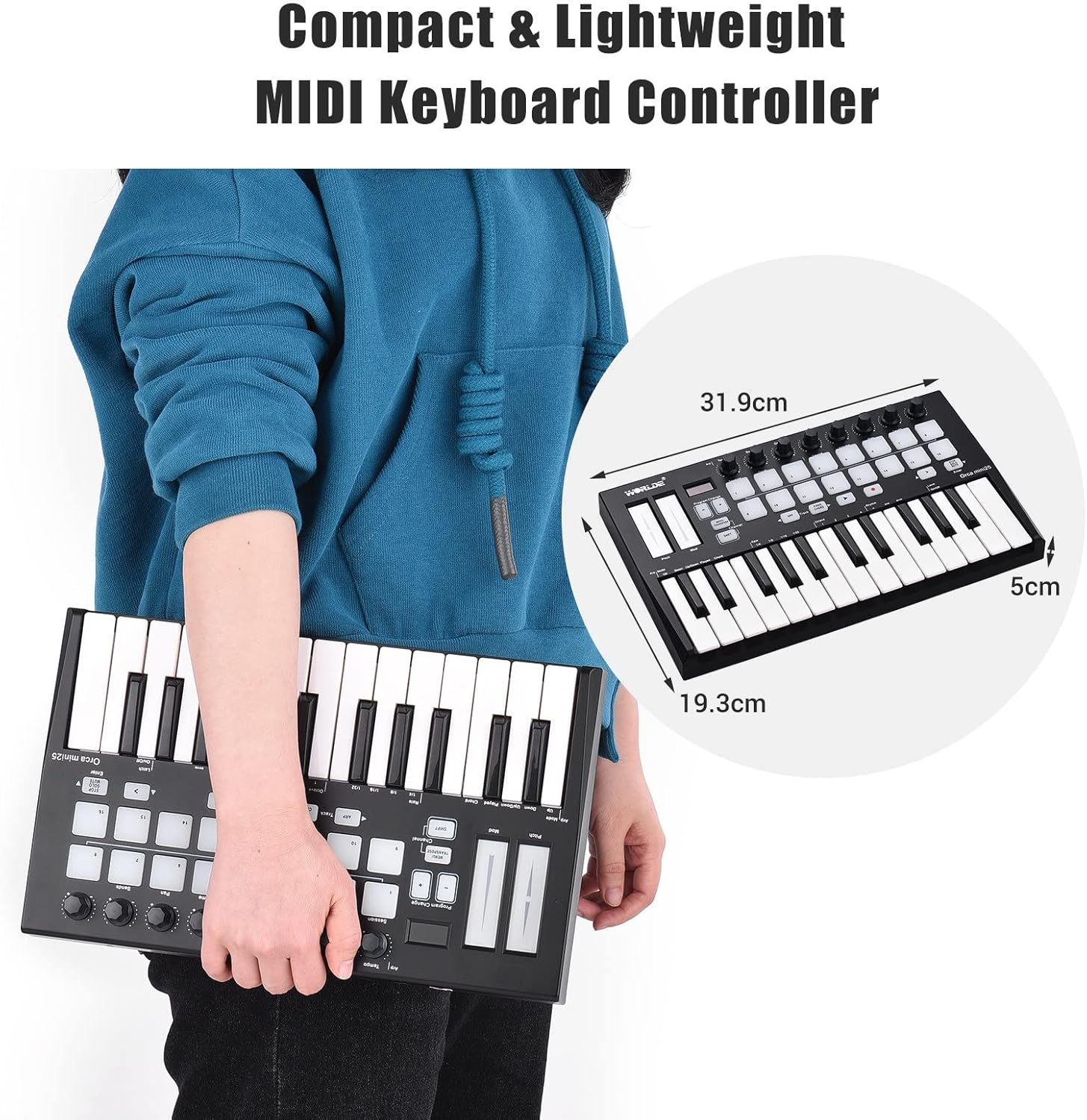 Keyboard Piano Portable 25-Key USB MIDI Keyboard Controller with 16 RGB Backlit Trigger Pads 8 Assignable Control Knobs