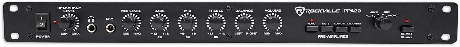 Rockville PPA20 Preamp 11V 1U Rack Mount Professional Pre-Amplifier, Phono Input, XLR Outputs, 3-Band EQ, for Home Audio and Studio Recording