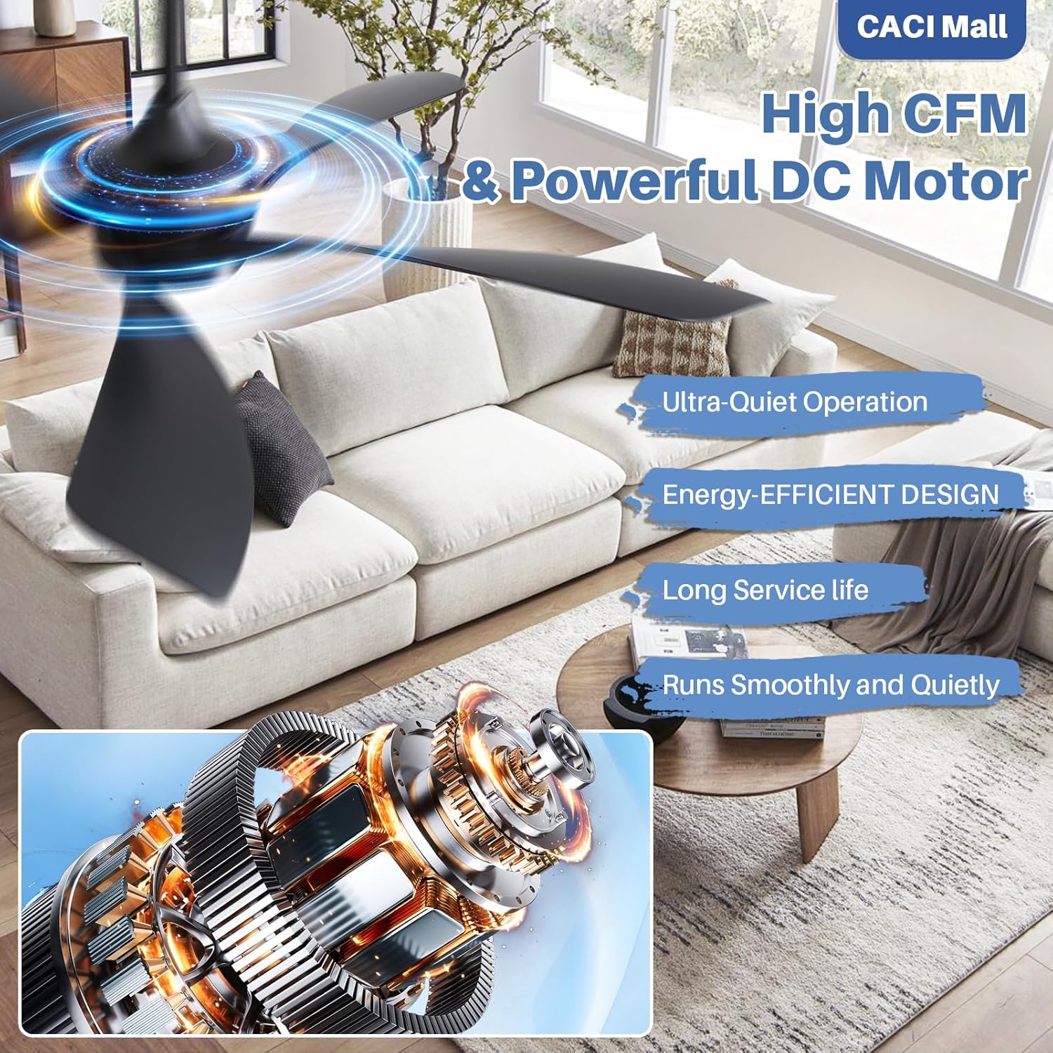 CACI Mall 52 inch Black Ceiling Fans with Lights, Remote Control, Low Profile, Modern Ceiling Fan with 5 Blades, Quiet Reversible DC Motor for Living Room, Bedroom, Patios