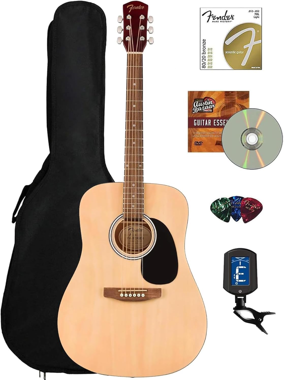 Fender Dreadnought Acoustic Guitar - Natural Bundle with Gig Bag, Tuner, Strings, Picks, and Austin Bazaar Instructional DVD