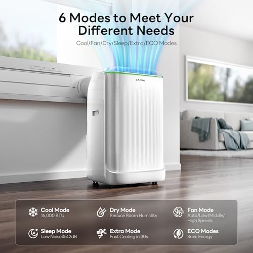 ZAFRO 14,000 BTU (10,000 BTU SACC) Inverter Portable Air Conditioners, Smart AC with Ultra Quiet(42dB)/Drainage-free Cooling/24Hrs Timer/APP/Remote/Cool, Fan & Dehumidifier Modes for Indoor rooms