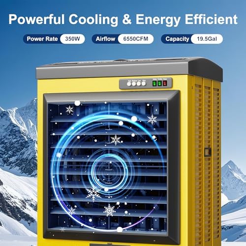 Swamp Cooler, 6550CFM Evaporative Air Coolers with 19.5 Gal Tank, Windowless Air Conditioner 3 Speeds for Outdoor Use, 49 Inch Air Cooler Water Fan for Patio, Garage, Shop, Commercial Yellow