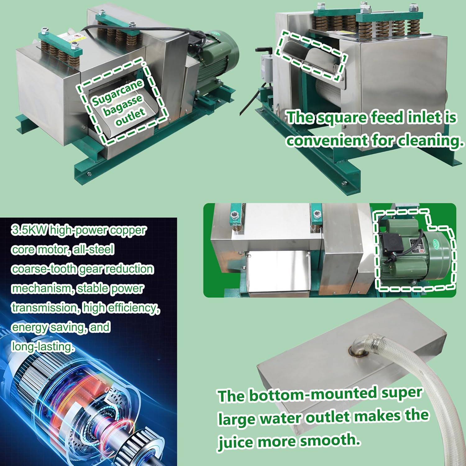 Commercial Electric Sugarcane Juicer 3-Roller Industrial Sugar Cane Press Machine 1760LBS/H High Output 220V Horizontal Stainless Steel Cane Juice Extractor Squeezer Auto Gap Adjustment