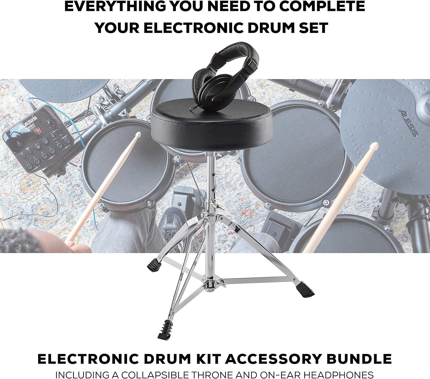 Alesis Drum Essentials Bundle – Complete Electric Drum Set Accessory Pack Including A Drum Throne and On-Ear Headphones