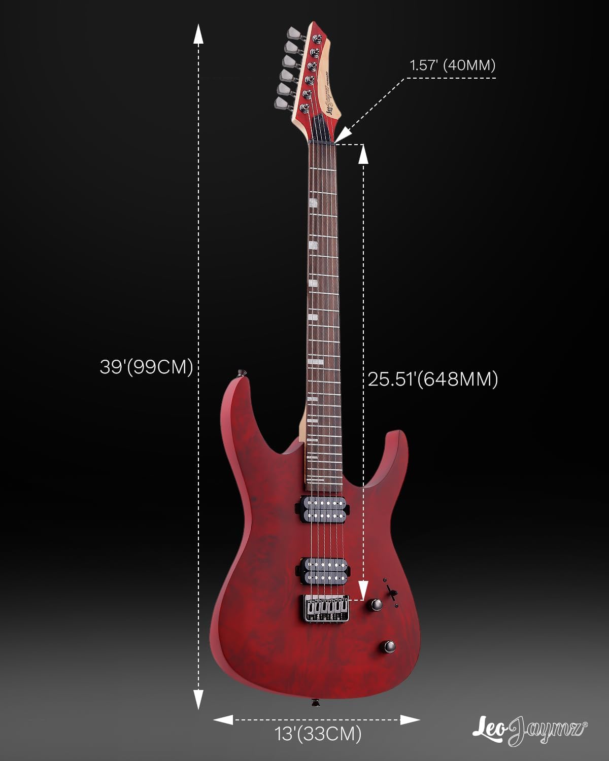 Leo Jaymz Tornado 6-String Electric Guitar, Okoume Body, Maple Neck, Laurel Fingerboard, Dual Alnico V Pickups, Locking Tuners, 3-Way Switch, 24 Frets (Burgundy Burl)