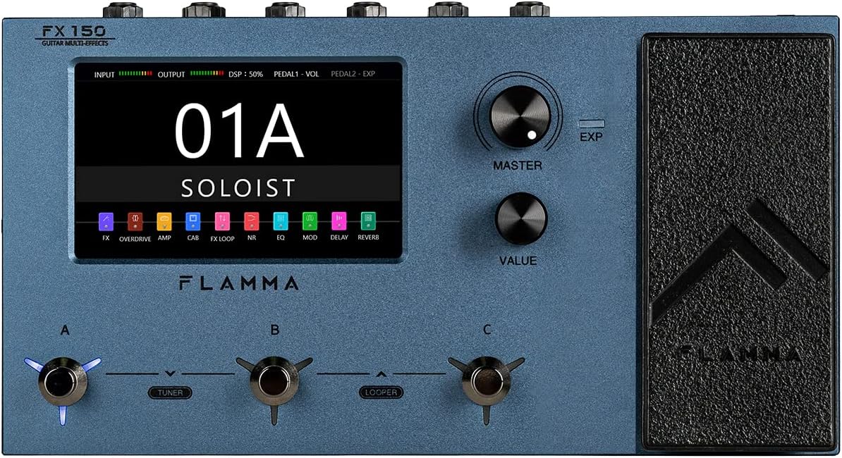 FLAMMA FX150 Multi Effects Processor Electric Guitar Pedal with Amp Modelling Cabinet Simulation Global EQ Touchscreen 160 Built-in Effects 180 Editable User Effects Slots Looper Main I/O Ports