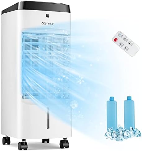 COSTWAY 3-in-1 Evaporative Air Cooler, Quiet Personal Swamp Cooler with Remote Control, 70° Oscillation, 12H Timer, 3 Speeds, 2 Ice Boxes, Portable Air Cooler Fan for Room Bedroom Home Office
