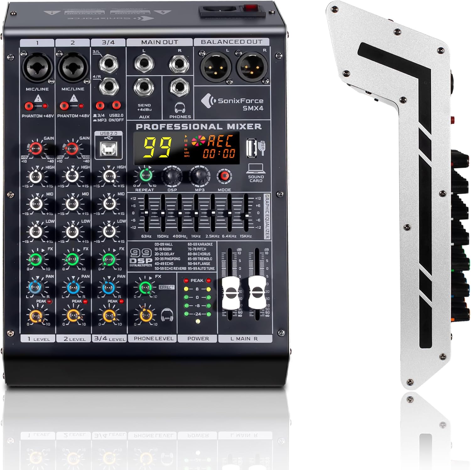 4 Channel Audio Mixer, 99 DSP Sound Board Console with 48V Phantom Power, Professional DJ Mixer for Podcasting, Streaming, Studio Recording (SMX4)