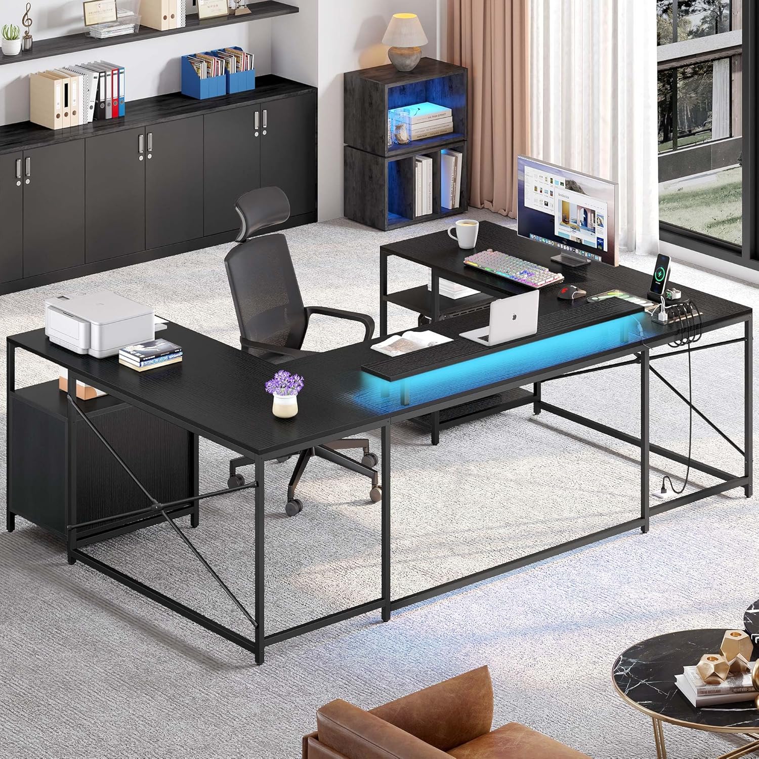 YITAHOME U Shaped Desk with Power Outlets & LED Lights, 79