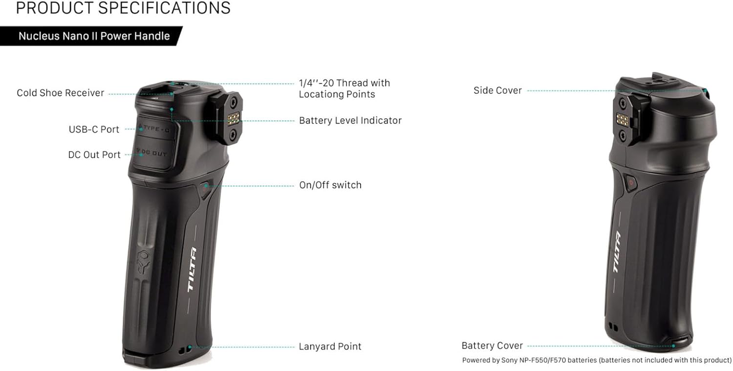 Tilta Nucleus Nano II Power Handle | Expanded Power for The Nano II Hand Wheel | Power Accessories via USB-C & DC | Mounting Points for Shoulder Rig or Monitor | Improved Comfort w/Nano II Wheel