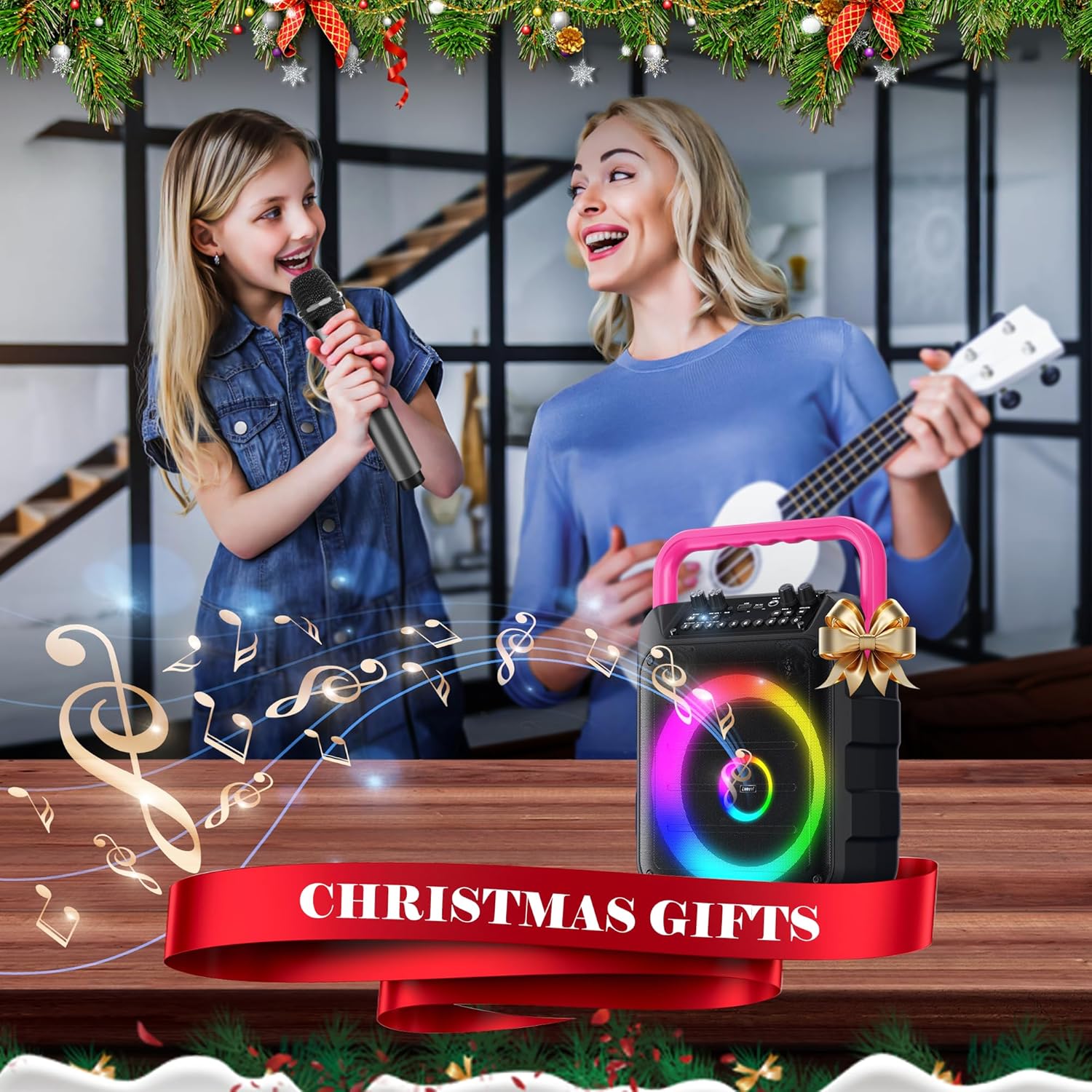 Karaoke Machine for Adults & Kids, 5.3 Bluetooth Speaker Portable with 2 Wireless Microphones, Bass/Treble Adjustment, Remote and LED Light, Support REC/FM/AUX/USB/TF for Home Party, Blackpink