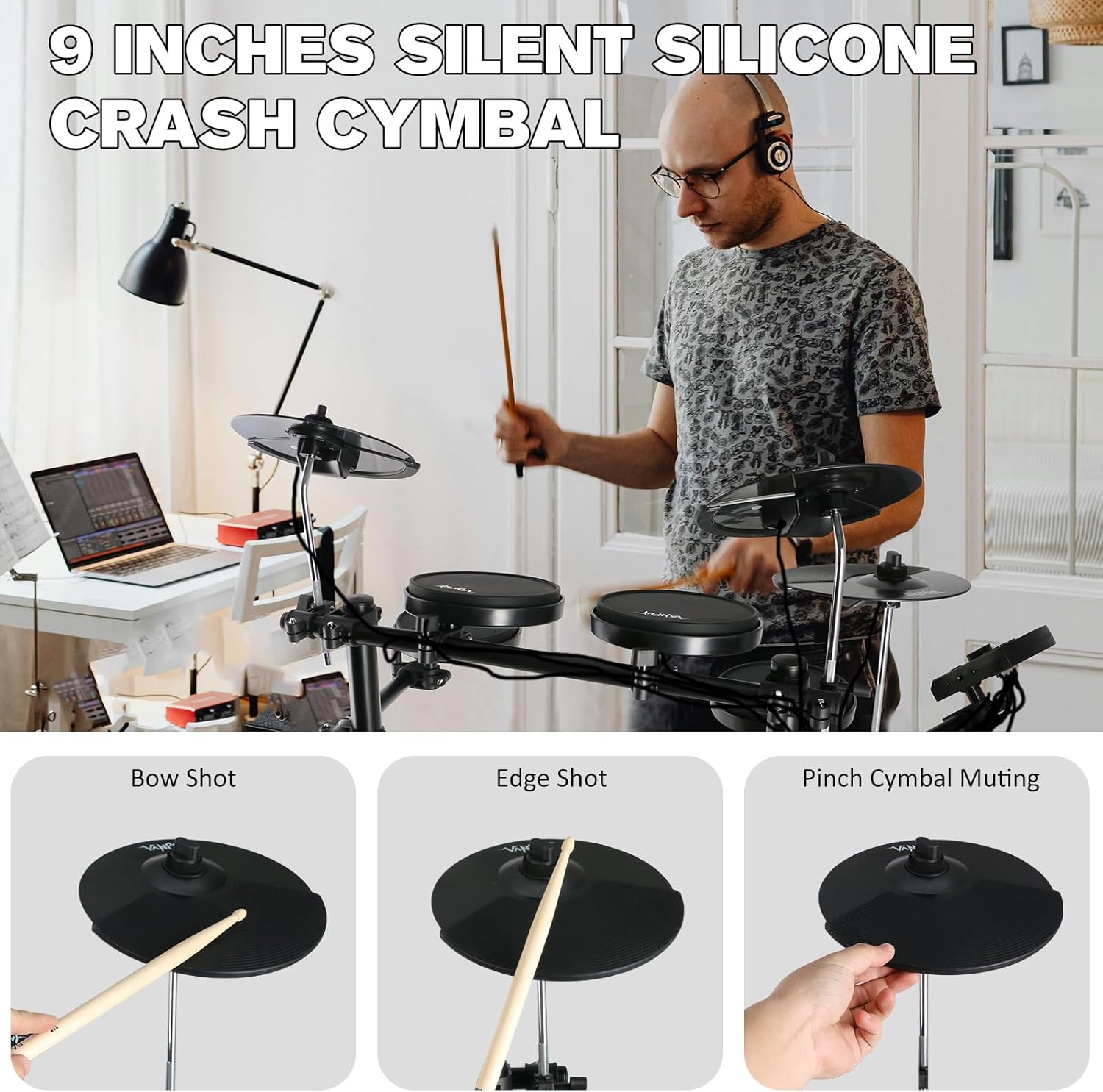 Electric Drum Set Electronic Drum Set for Beginner Electric Drums with Quiet Silicone Pads 20 Drum Set 350 Sounds 2 Pedals Bluetooth Sticks Drum Stool Headphone 6.35mm Audio Cable（Black）