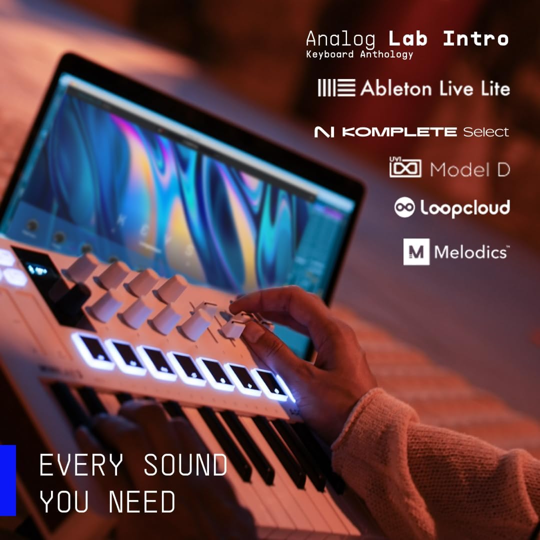 Arturia MiniLab 3 - Universal MIDI Controller for Music Production, with All-in-One Software Package - 25 Keys, 8 Multi-Color Pads - White