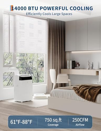 14000 BTU Portable Air Conditioners 3 in-1 Portable AC Unit Cooling Up to 750 Sq.Ft Quiet Standing Air Conditioner with Remote Control, Cool, Fan, Dehumidifier, 24H Timer for Room Bedroom Floor