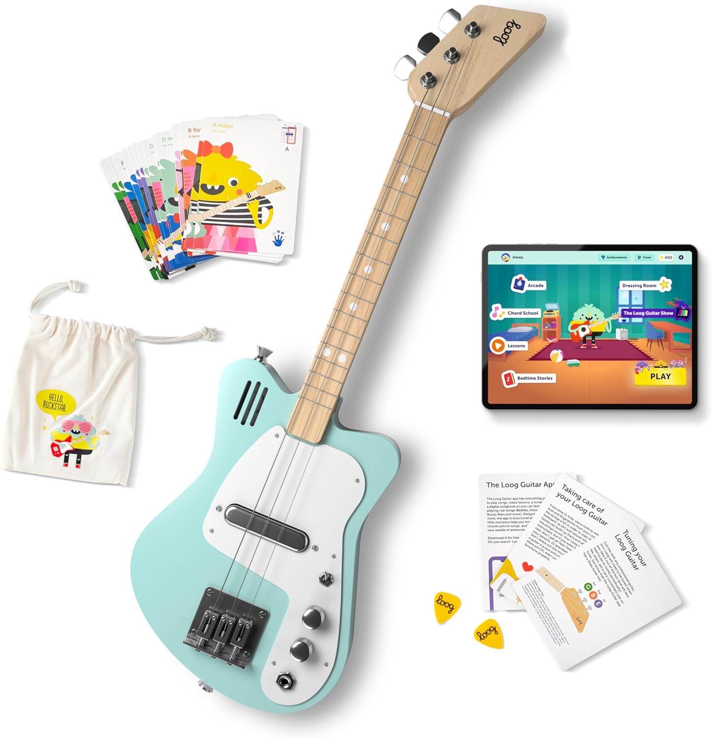 Loog Mini Electric kids Guitar for Beginners built-in Amp Ages 3+ Learning App and Lessons Included