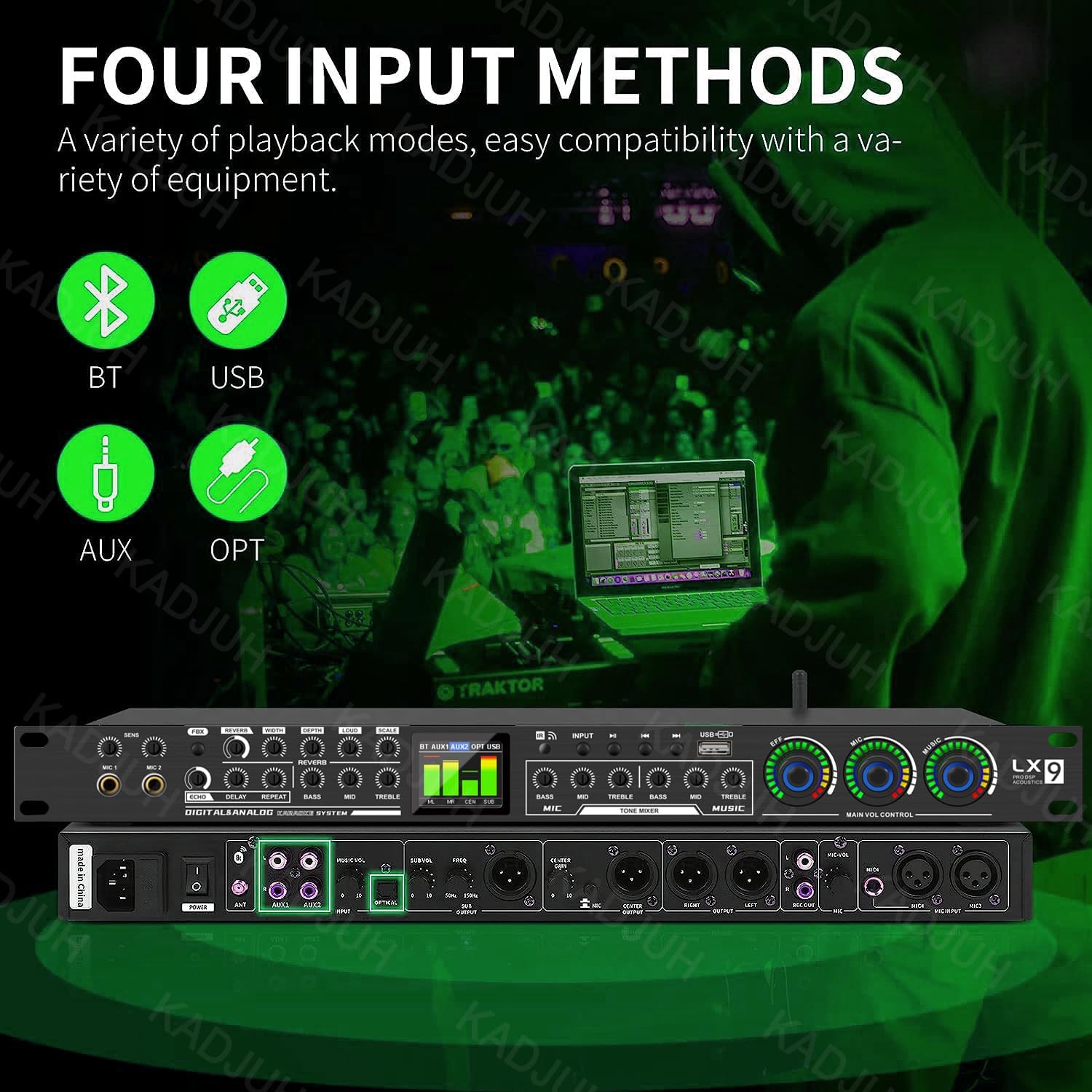 LX9 Professional KTV Digital Pre-stage Effector Anti-howling Audio Processor Echo USB MP3 Bluetooth Optical,5 Mic Inpout For Household Reverberator Karaoke,Stage,Church, Performance