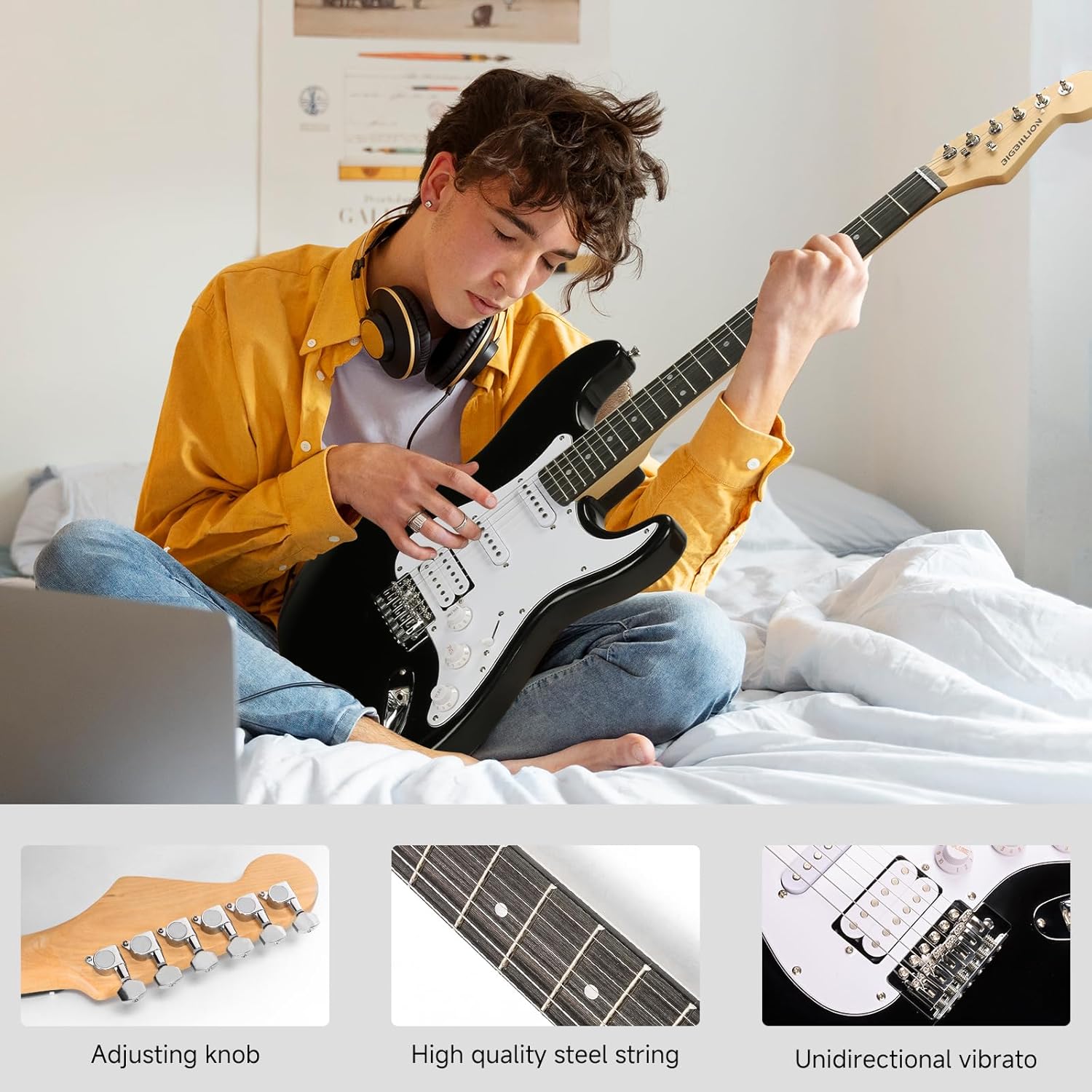 39 Inch Electric Guitar Solid Body Full Size HSS Electric Guitar Beginner Kit for Starter, with Amplifier, Bag, Capo, Strap,Cable, Picks, Black