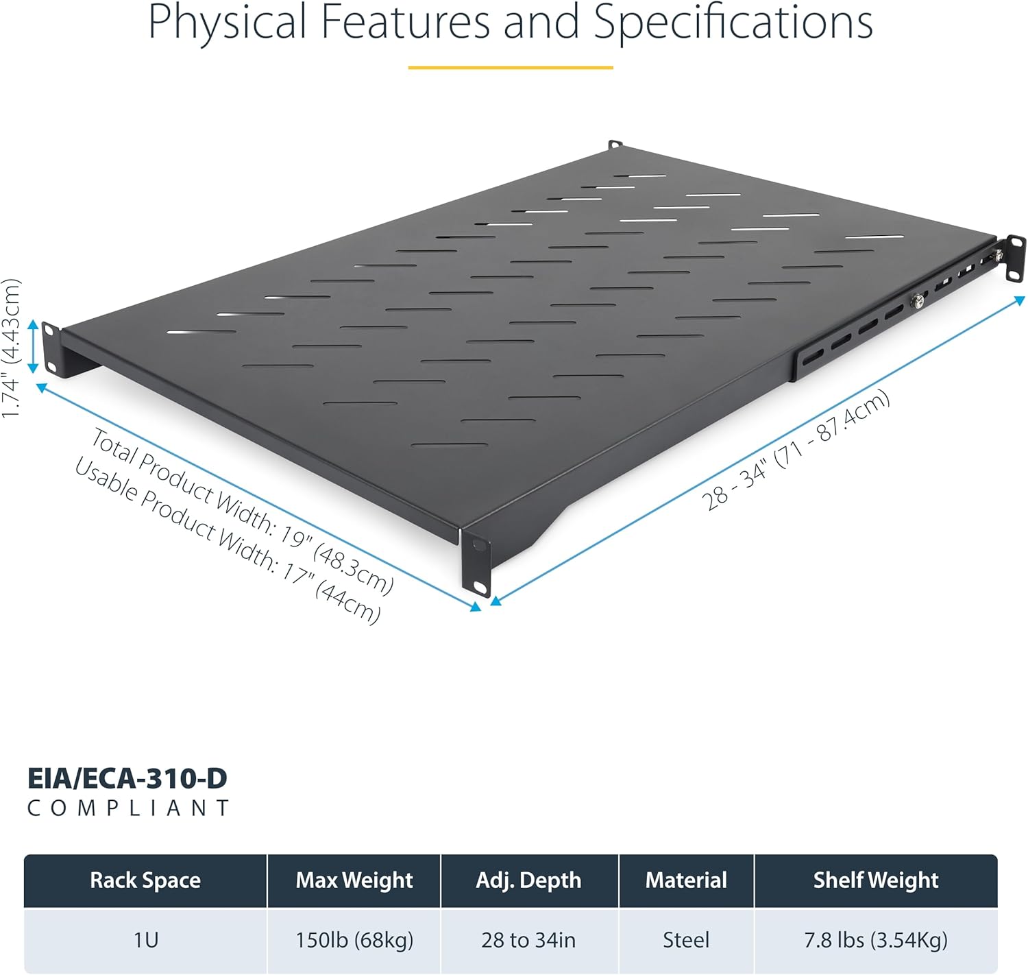 StarTech.com 1U 4-Post Server Rack Shelf, Vented, Adjustable Mounting Depth (28-34.4in/71.1-87.3cm), 150lb (68kg) Capacity