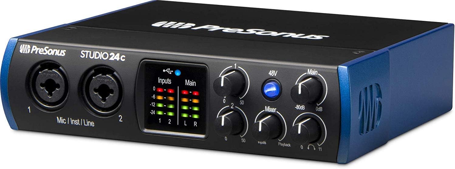 PreSonus Studio 24c 2x2 USB Type-C Audio/MIDI Interface with Eris E7 XT Pair 2-Way Studio Monitors with EBM Wave Guide Design and 1/4” Instrument Cable