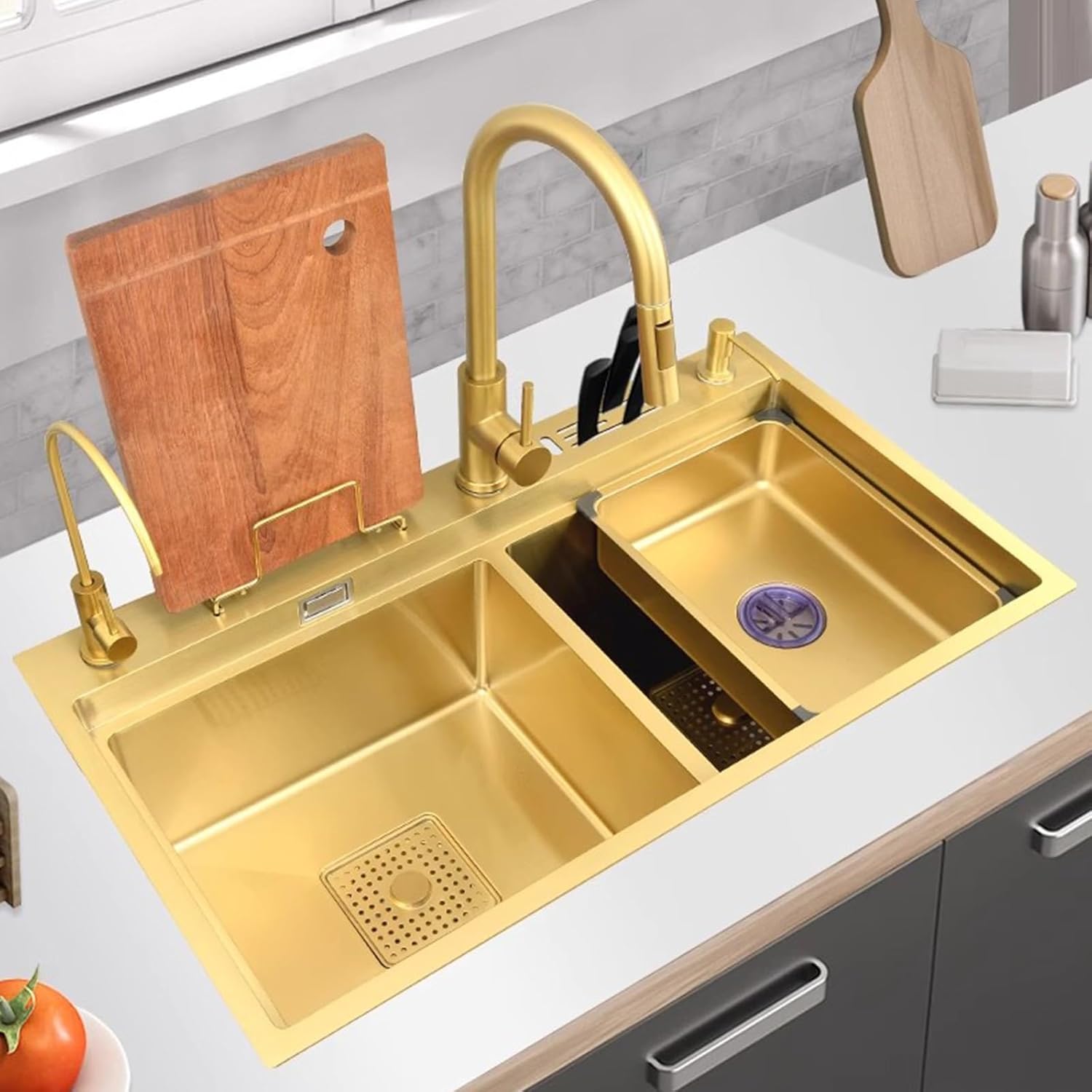 Kitchen Sink Tap,Golden Stainless Steel Sink Kitchen Double Bowl Sink Large Capacity Sink Golden Faucet Including Soap Dispenser and Other Accessories (82x46x24cm)