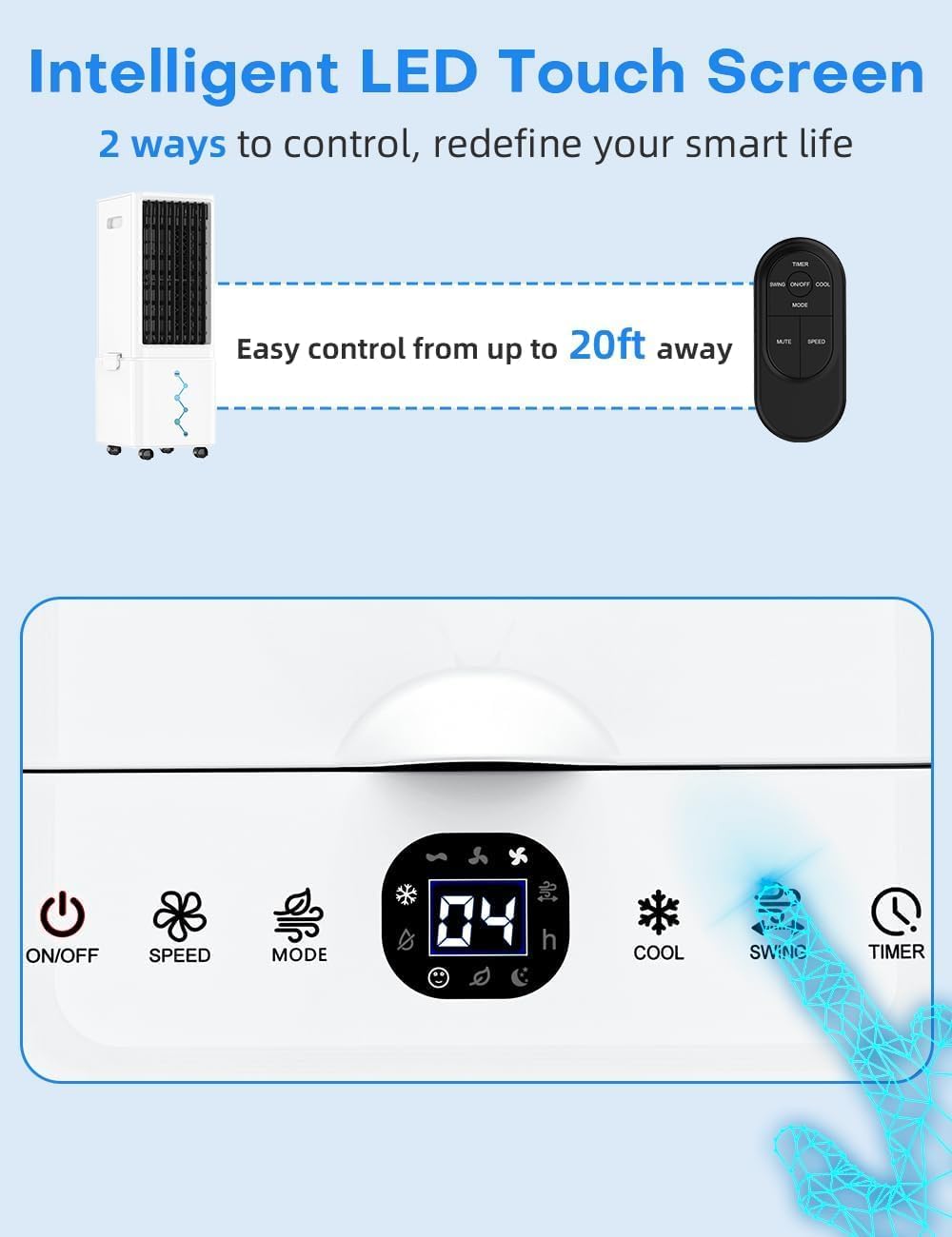 Windowless Air Conditioner w/ 4 Modes & 3 Speeds, Waterless Alert, 2.4-Gal Tank for 20H Cooling, 12H Timer, 20FT Remote, 70° Auto Swing Evaporative Air Cooler, Portable AC Unit for Bedroom