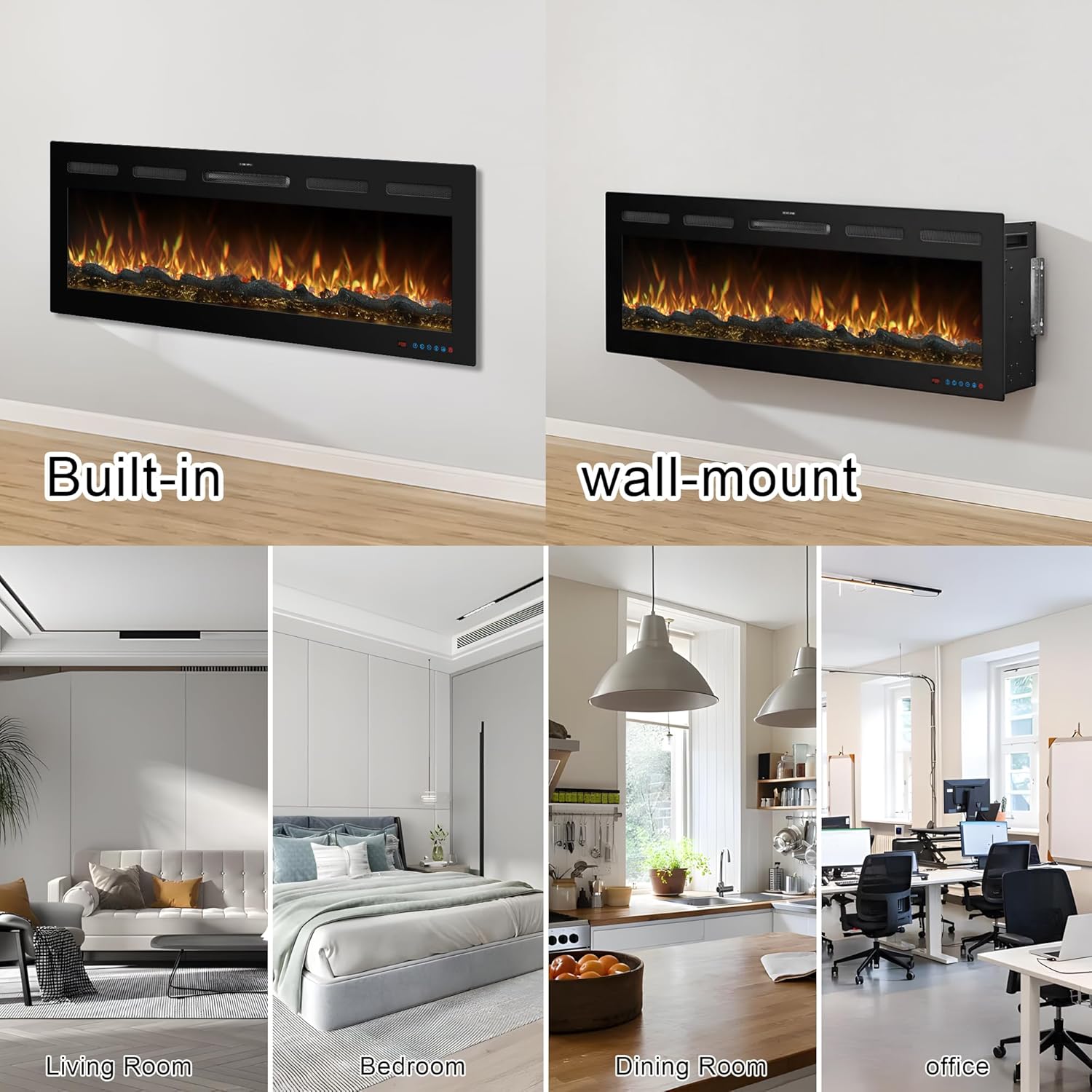 95 Inch WiFi-Enabled Recessed Electric Fireplace Inserts with Log Speaker,Wall Mounted & Freestanding Fireplace Heater,13 Adjustable Colors,5 Brightness Levels,Timer,750/1500w, Log & Crystal
