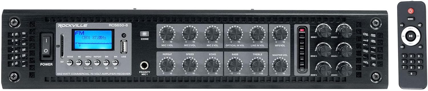 Rockville RCS650-6 650 Watt 6-Zone 70V Commercial Amplifier, Bluetooth, USB/SD/FM Playback, Rack-Mountable, for Restaurants & Offices