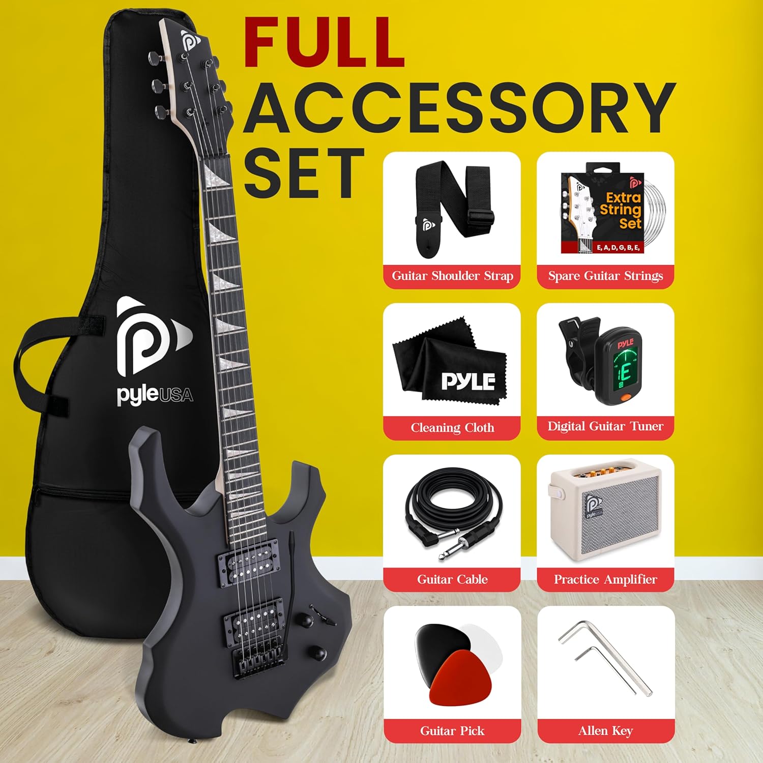 Pyle Heavy Metal EG Fire Electric Guitar Axe w/ Amplifier Kit, Full Size Instrument w/ Practice Amp & Accessories, Metal Axe, Black