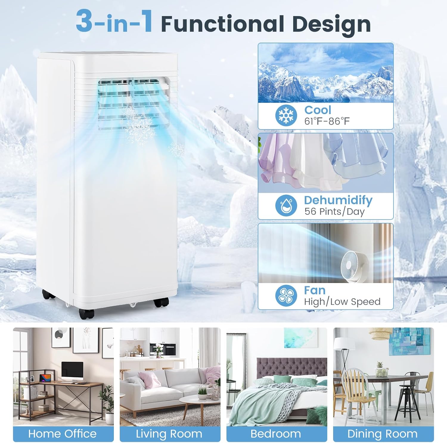 KOTEK Portable Air Conditioners, 9000 BTU Cools up to 300 Sq.Ft, 4-in-1 AC Unit for Bedroom with Dehumidifier, Fan, Cooling Mode & Window Kit, Room Air Conditioner Portable for Home Office (9000BTU)
