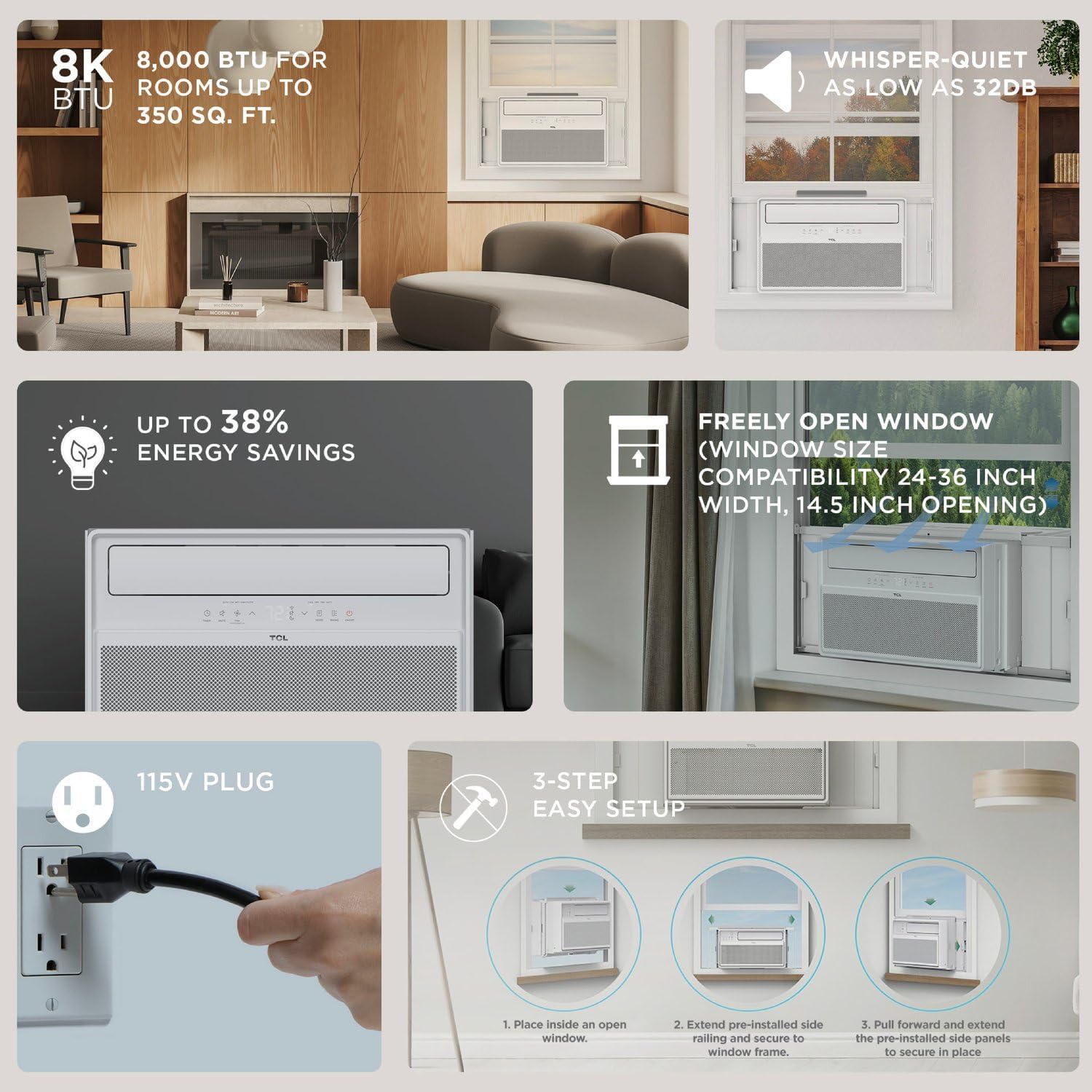 TCL 8,000 BTU Q-Series Smart Inverter Window AC, Ultra-Quiet 32dB Fan & 40dB Cooling, 38% Energy Saving, 3-Step Install, Open-able Window, Works with Smart Home Devices, Cools up to 350 Sq. Ft.