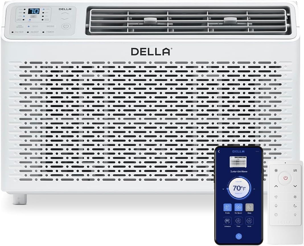 DELLA 14,000 BTU Window Air Conditioner, Work with Alexa, Cools Up to 700 Sq. Ft., GEO Location, Remote/App Control, Dehumidifier, Fan, Reusable Filter, Easy Install Kit