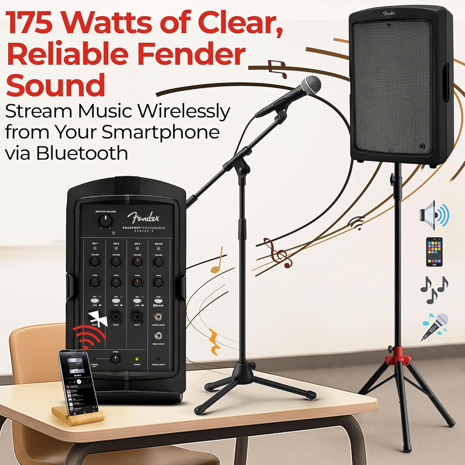 Fender Passport Conference S2 Portable PA System Bundle with Microphone Kit, Compact Speaker Stands, and Instrument Cable