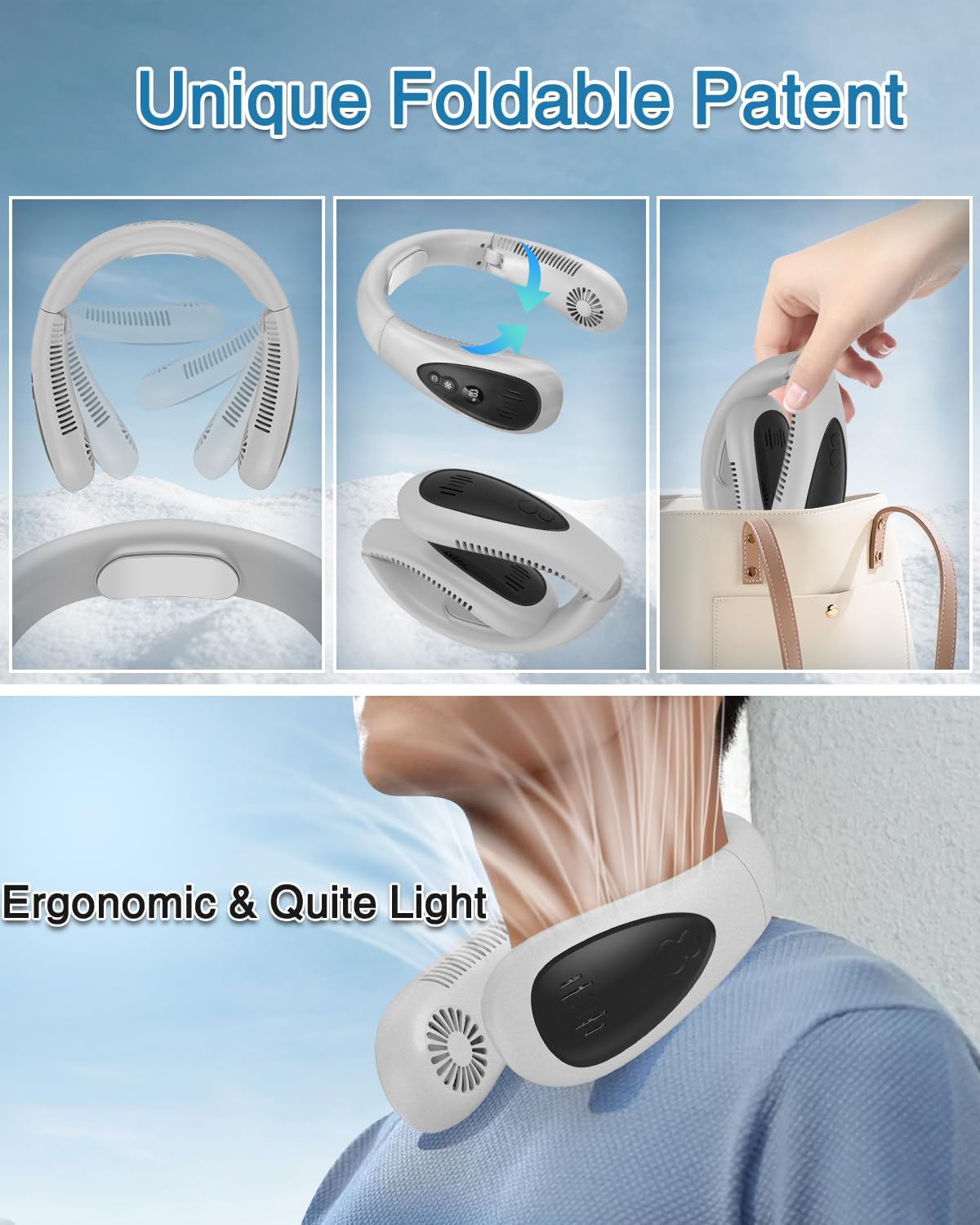 Neck Air Conditioner, 5000mAh Portable Neck Fan, Bladeless USB Neck Fan with Semiconductor Cooling Airflow, Portable Rechargeable, 3 Speeds, LED Display, Personal Fan for Outdoor Travel