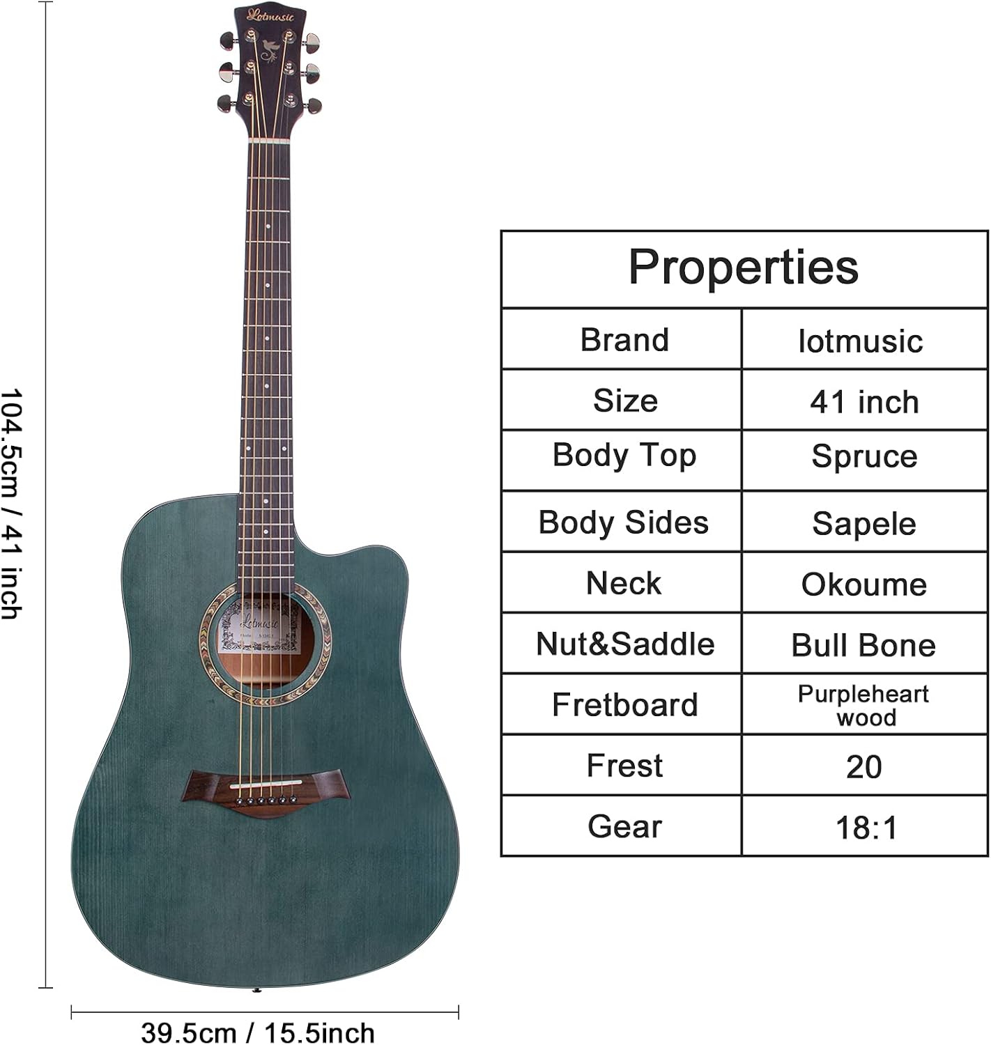 Acoustic Guitar,41 Inch Professional Cutaway Folk Guitarra Bundle 6 Metal Strings with Beginner Kit Gig Bag Tuner Strap Picks,Strings Capo Mute Clean cloth