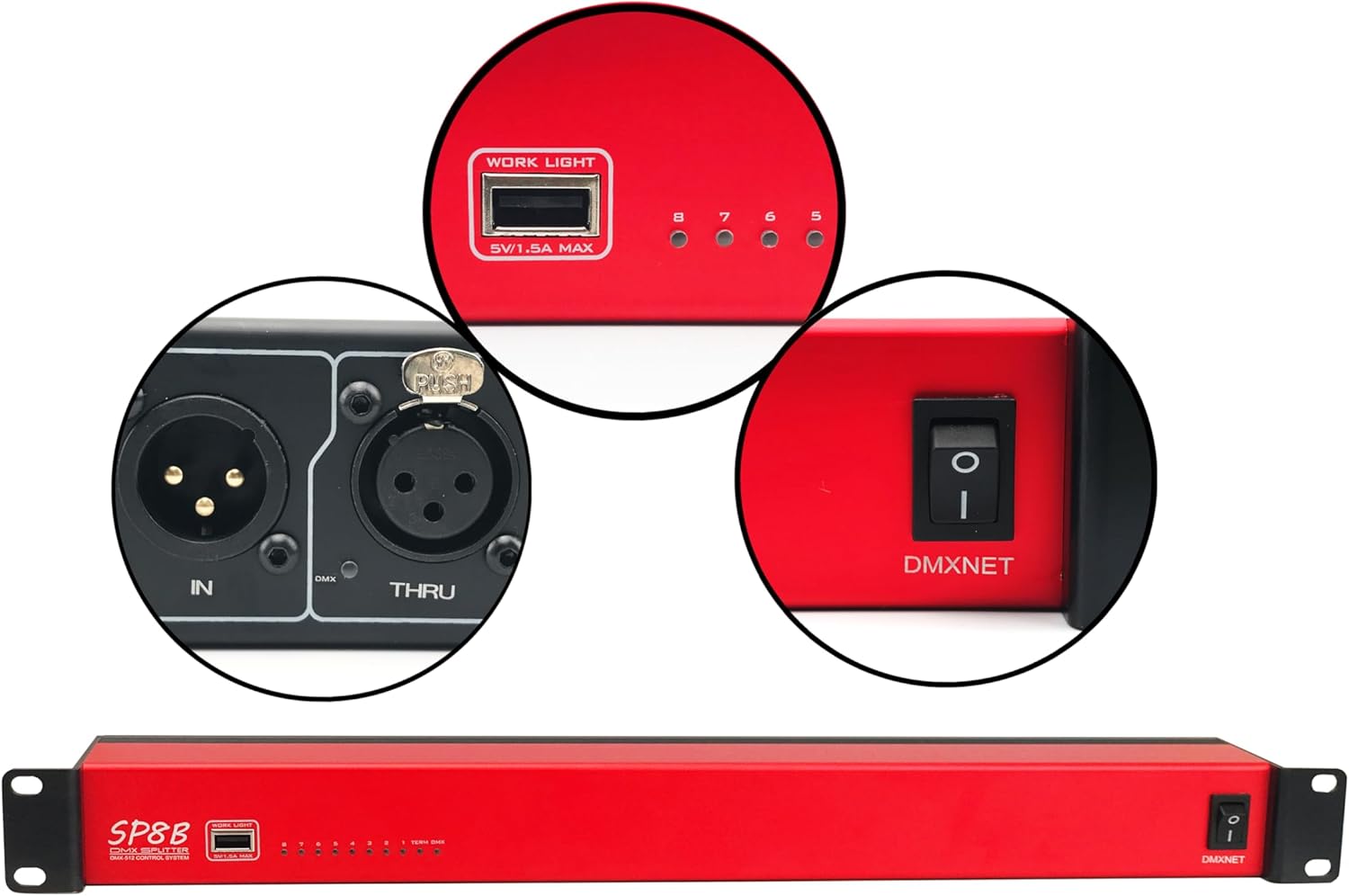 8-port Opto-Isolated DMX Splitter/Amplifier/Isolator, LED Indicator, USB Work Light, Bulit-in Termination, XLR-3PIN,19 Inch Rack Mountable(RDM not Supported)
