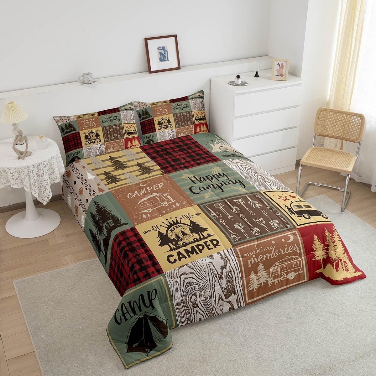 Erosebridal Retro Camper Quilt Set Happy Camping King Bedding Set for Kids Adults,Rv Camping Accessories Comforter Set for Travel Trailers Campers,Vintage Rustic Buffalo Plaid Bed Set 3 Pcs